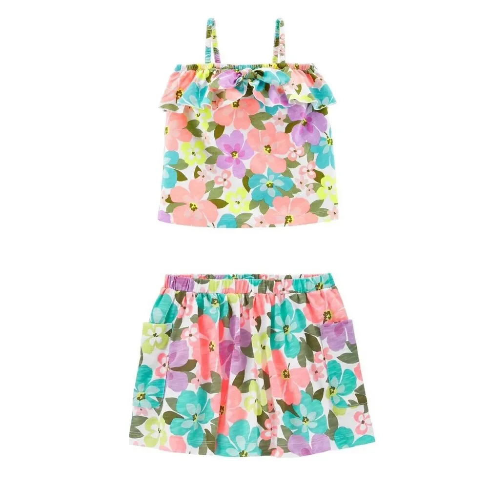Toddler Baby Girl Bright Neon Hawaiian Floral Tank Top & Skort Outfit Set 24M